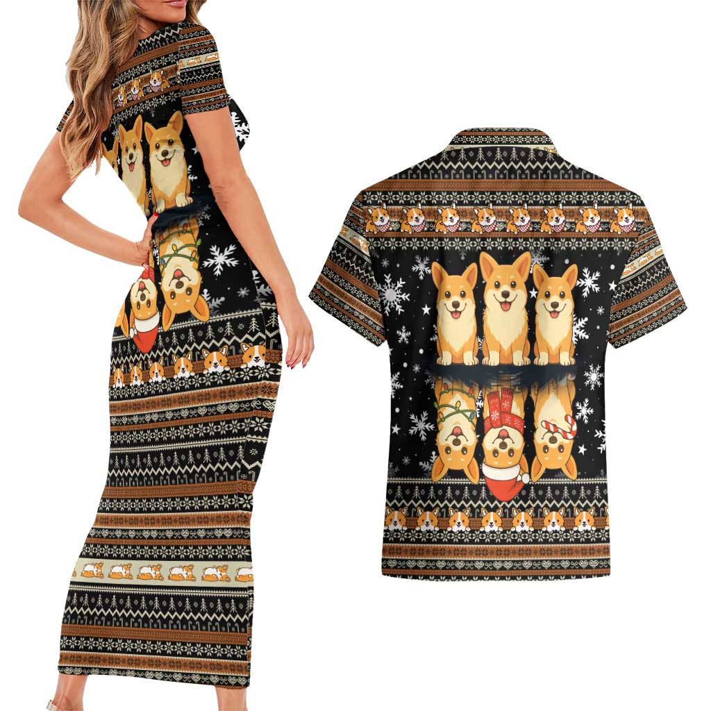 Pembroke Welsh Corgi Dog Christmas Couples Matching Short Sleeve Bodycon Dress and Hawaiian Shirt Xmas Holiday Patterns - Wonder Print Shop