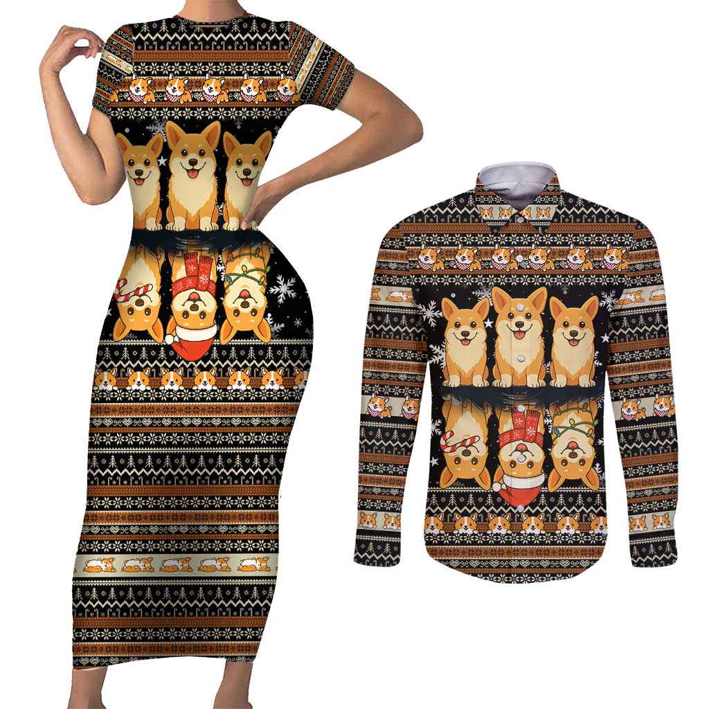 Pembroke Welsh Corgi Dog Christmas Couples Matching Short Sleeve Bodycon Dress and Long Sleeve Button Shirt Xmas Holiday Patterns - Wonder Print Shop
