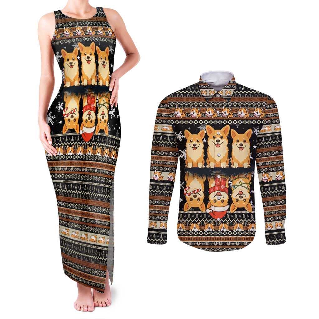 Pembroke Welsh Corgi Dog Christmas Couples Matching Tank Maxi Dress and Long Sleeve Button Shirt Xmas Holiday Patterns - Wonder Print Shop