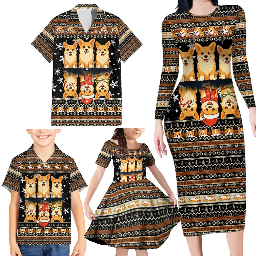 Pembroke Welsh Corgi Dog Christmas Family Matching Long Sleeve Bodycon Dress and Hawaiian Shirt Xmas Holiday Patterns - Wonder Print Shop