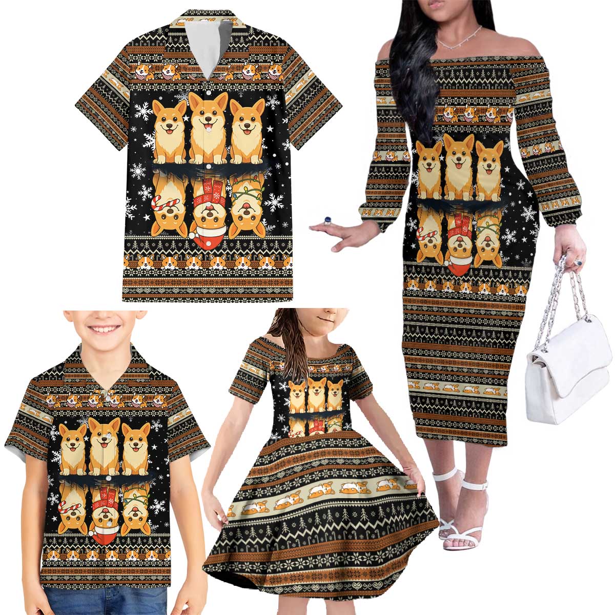 Pembroke Welsh Corgi Dog Christmas Family Matching Off The Shoulder Long Sleeve Dress and Hawaiian Shirt Xmas Holiday Patterns - Wonder Print Shop