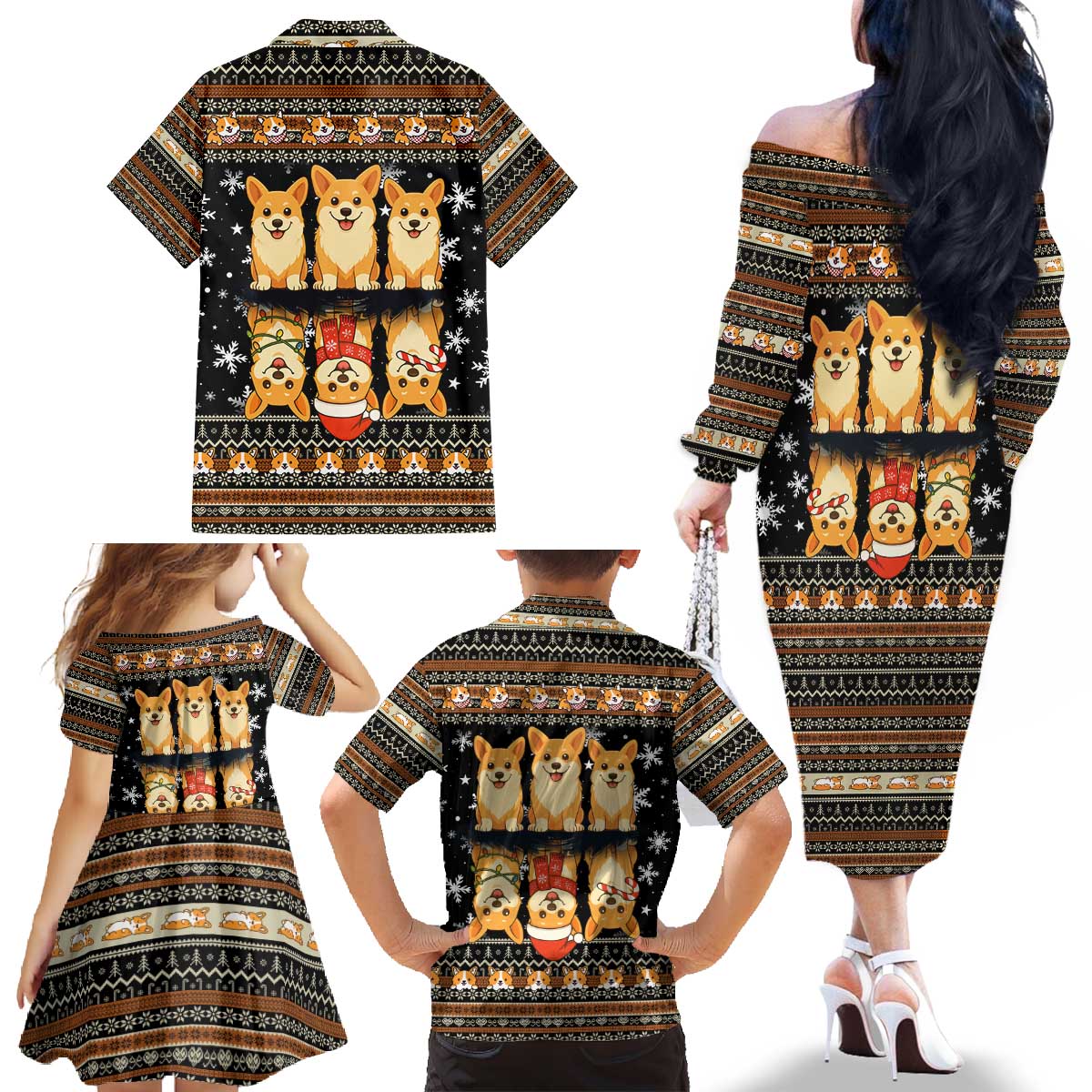 Pembroke Welsh Corgi Dog Christmas Family Matching Off The Shoulder Long Sleeve Dress and Hawaiian Shirt Xmas Holiday Patterns - Wonder Print Shop