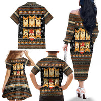 Pembroke Welsh Corgi Dog Christmas Family Matching Off The Shoulder Long Sleeve Dress and Hawaiian Shirt Xmas Holiday Patterns - Wonder Print Shop