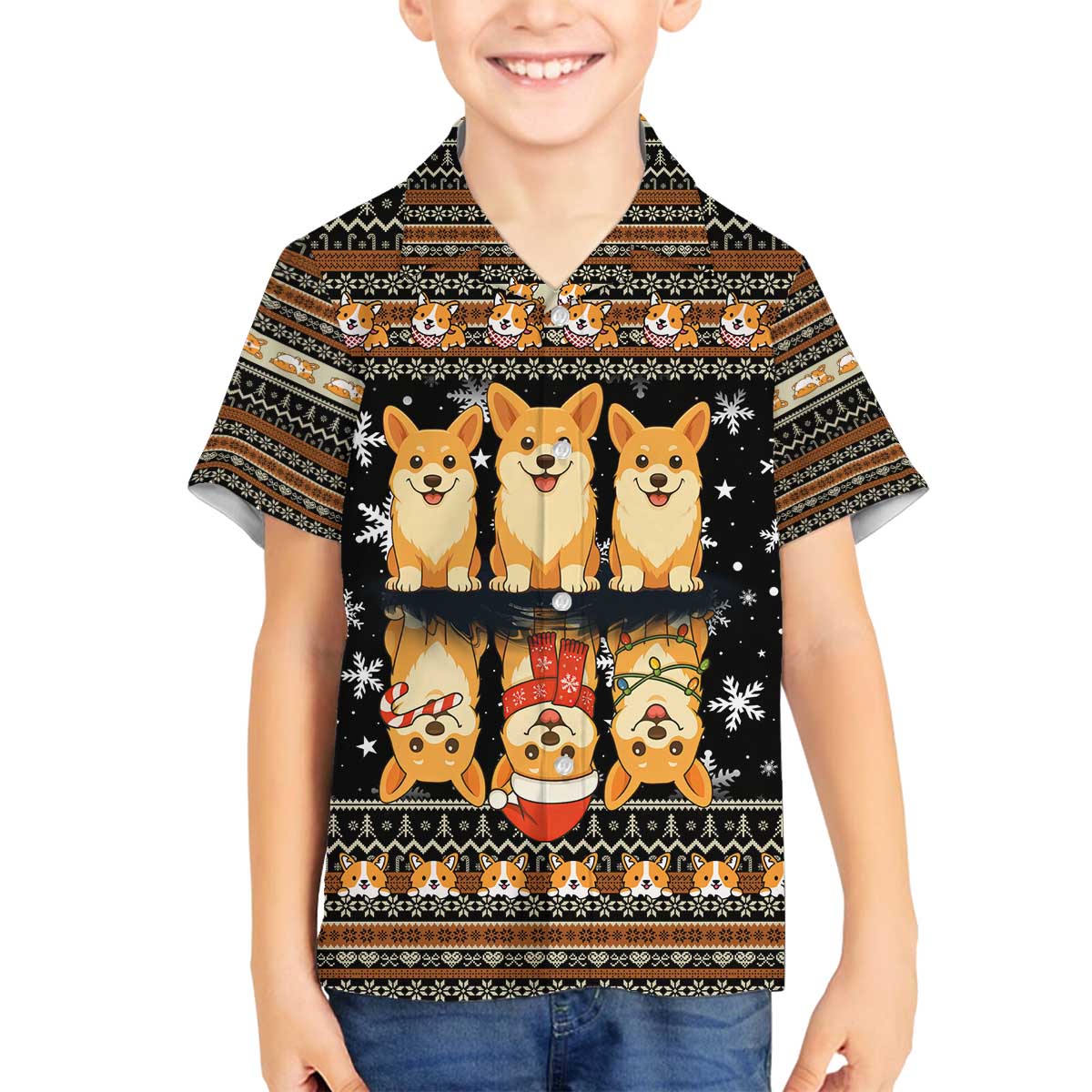 Pembroke Welsh Corgi Dog Christmas Family Matching Off The Shoulder Long Sleeve Dress and Hawaiian Shirt Xmas Holiday Patterns - Wonder Print Shop