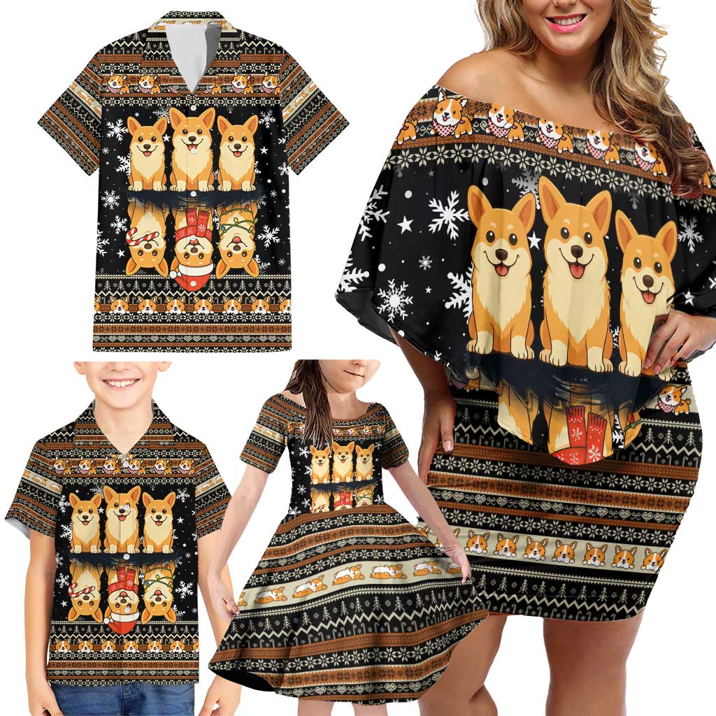 Pembroke Welsh Corgi Dog Christmas Family Matching Off Shoulder Short Dress and Hawaiian Shirt Xmas Holiday Patterns - Wonder Print Shop