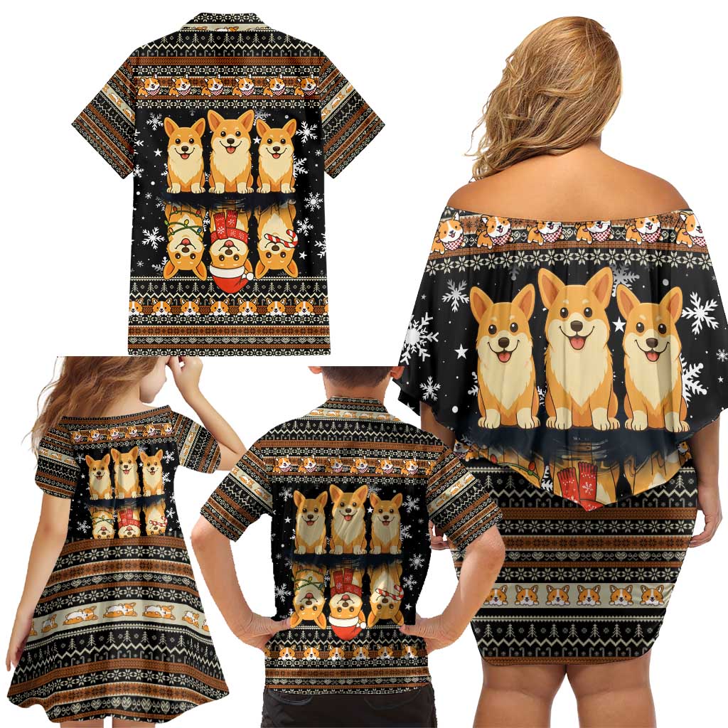 Pembroke Welsh Corgi Dog Christmas Family Matching Off Shoulder Short Dress and Hawaiian Shirt Xmas Holiday Patterns - Wonder Print Shop