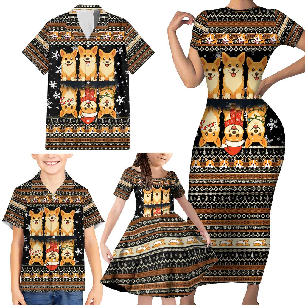 Pembroke Welsh Corgi Dog Christmas Family Matching Short Sleeve Bodycon Dress and Hawaiian Shirt Xmas Holiday Patterns - Wonder Print Shop