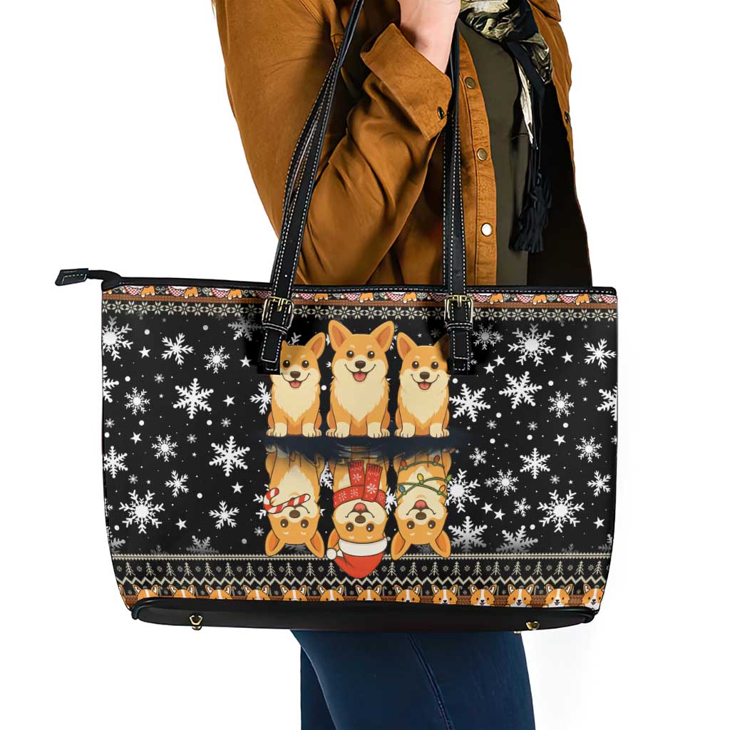 Pembroke Welsh Corgi Dog Christmas Leather Tote Bag Xmas Holiday Patterns - Wonder Print Shop
