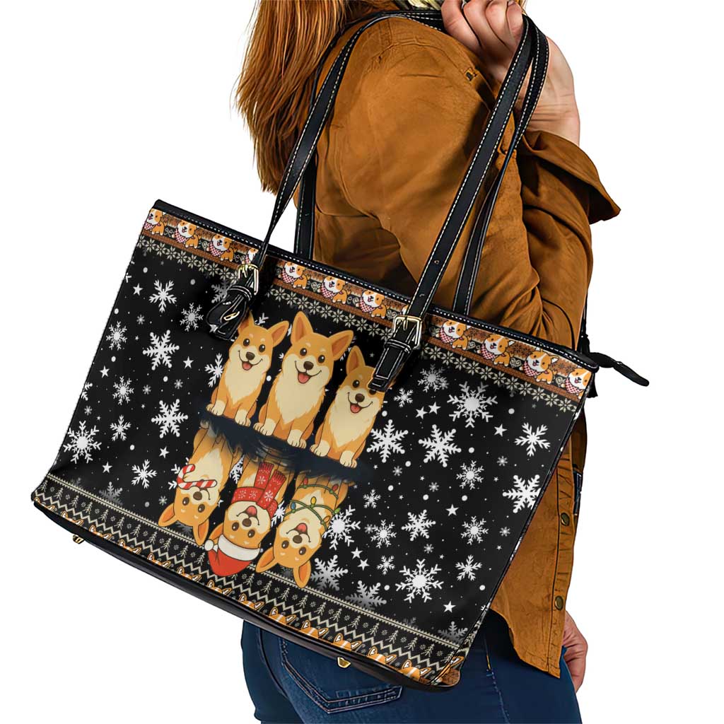 Pembroke Welsh Corgi Dog Christmas Leather Tote Bag Xmas Holiday Patterns - Wonder Print Shop