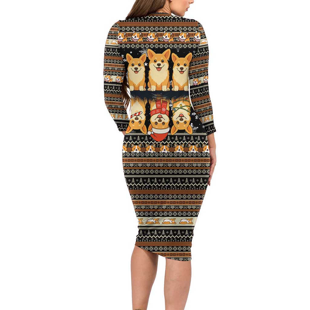 Pembroke Welsh Corgi Dog Christmas Long Sleeve Bodycon Dress Xmas Holiday Patterns - Wonder Print Shop