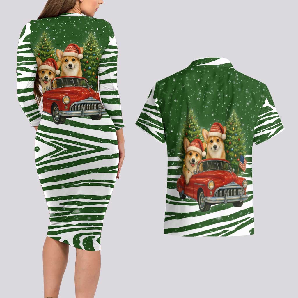 Pembroke Welsh Corgi Dog Xmas Christmas Couples Matching Long Sleeve Bodycon Dress and Hawaiian Shirt Xmas Holiday Patterns - Wonder Print Shop