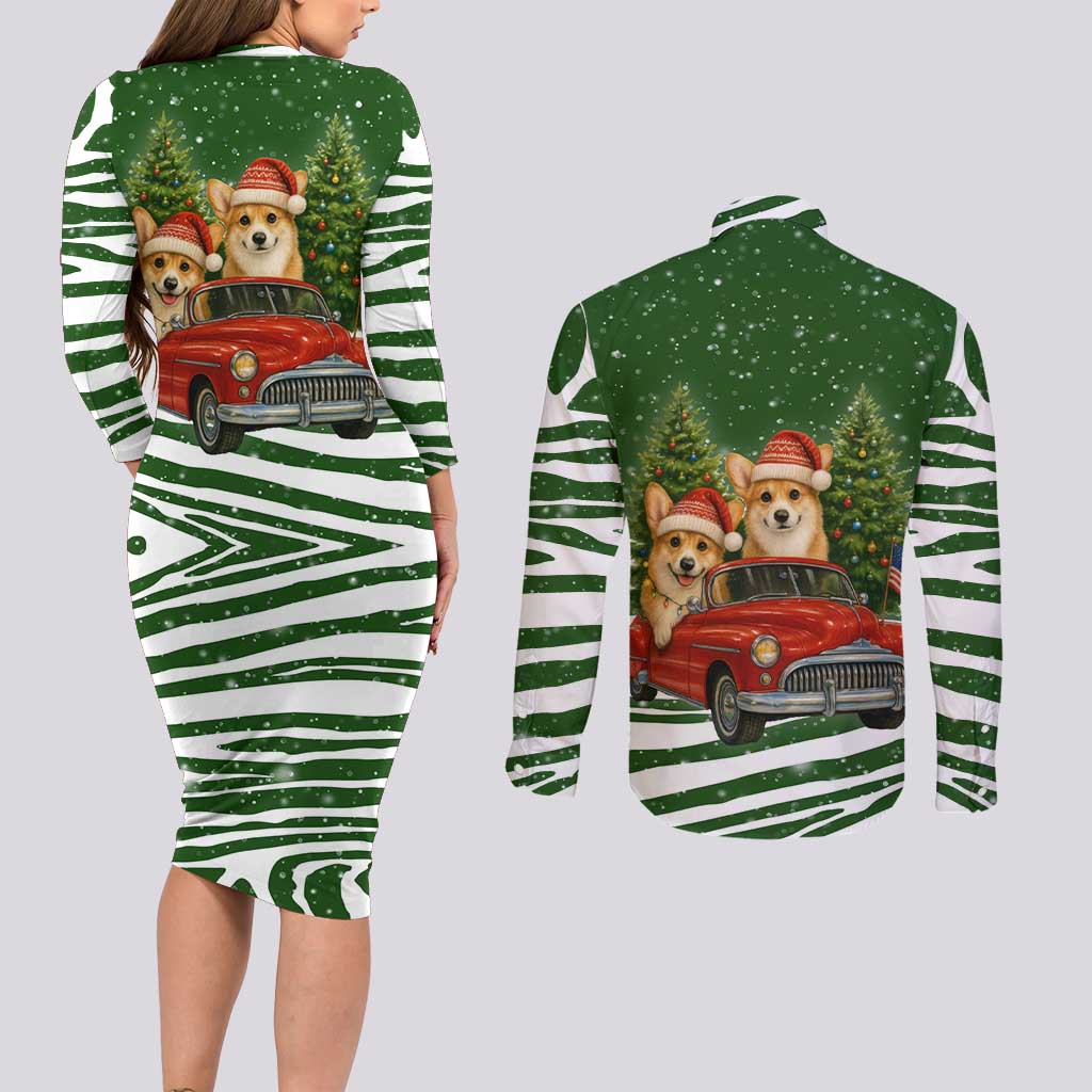 Pembroke Welsh Corgi Dog Xmas Christmas Couples Matching Long Sleeve Bodycon Dress and Long Sleeve Button Shirt Xmas Holiday Patterns - Wonder Print Shop