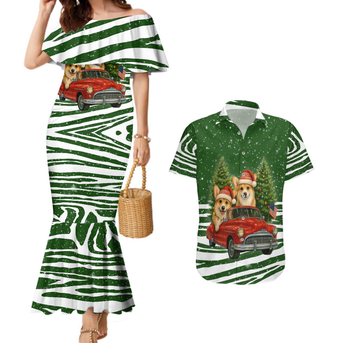 Pembroke Welsh Corgi Dog Xmas Christmas Couples Matching Mermaid Dress and Hawaiian Shirt Xmas Holiday Patterns - Wonder Print Shop