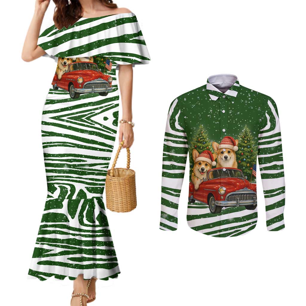 Pembroke Welsh Corgi Dog Xmas Christmas Couples Matching Mermaid Dress and Long Sleeve Button Shirt Xmas Holiday Patterns - Wonder Print Shop