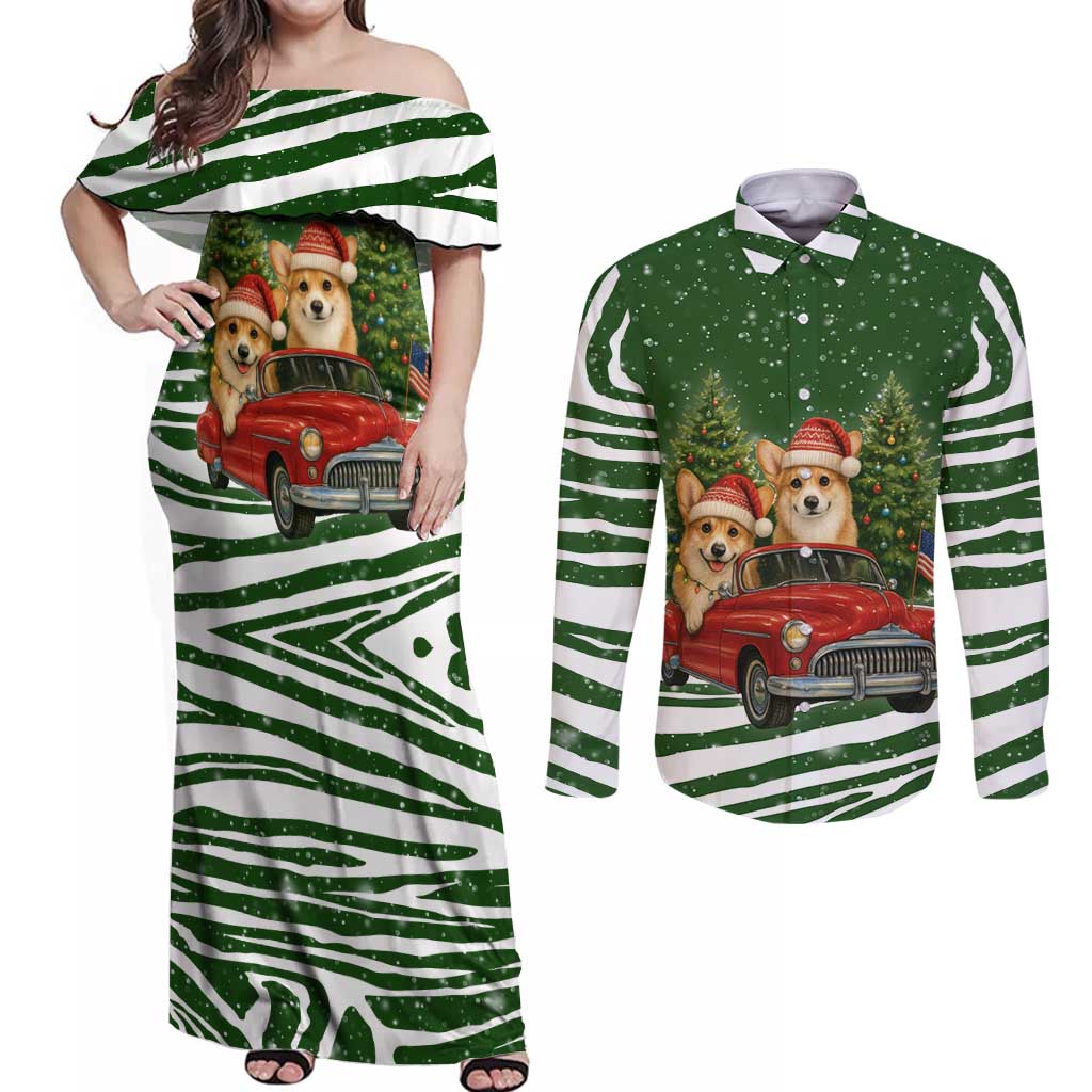 Pembroke Welsh Corgi Dog Xmas Christmas Couples Matching Off Shoulder Maxi Dress and Long Sleeve Button Shirt Xmas Holiday Patterns - Wonder Print Shop