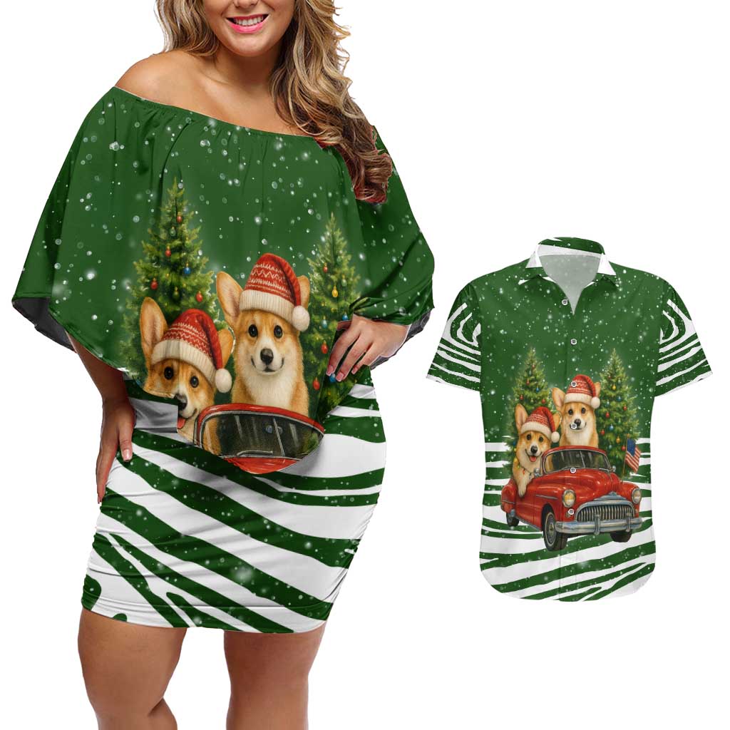 Pembroke Welsh Corgi Dog Xmas Christmas Couples Matching Off Shoulder Short Dress and Hawaiian Shirt Xmas Holiday Patterns - Wonder Print Shop