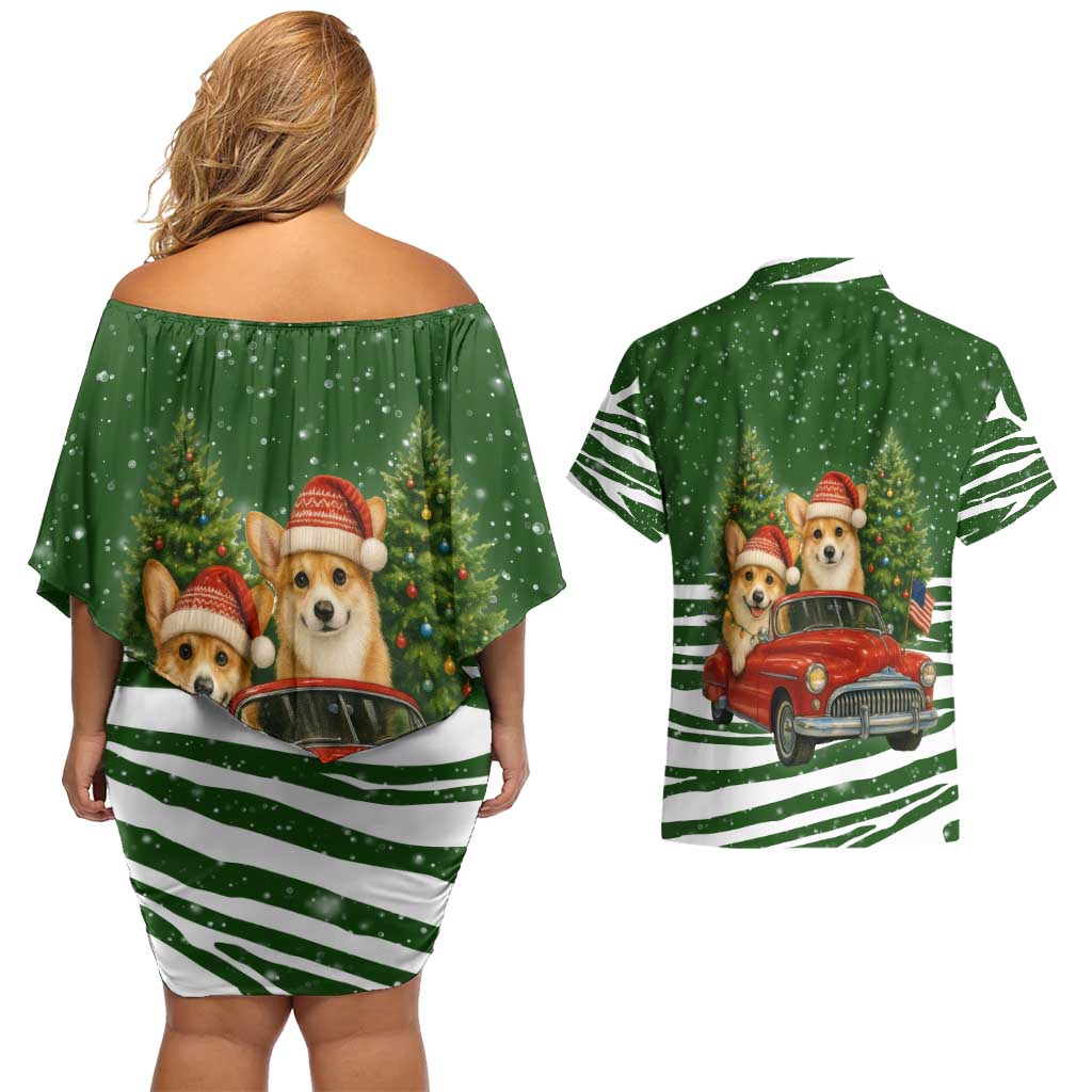 Pembroke Welsh Corgi Dog Xmas Christmas Couples Matching Off Shoulder Short Dress and Hawaiian Shirt Xmas Holiday Patterns - Wonder Print Shop