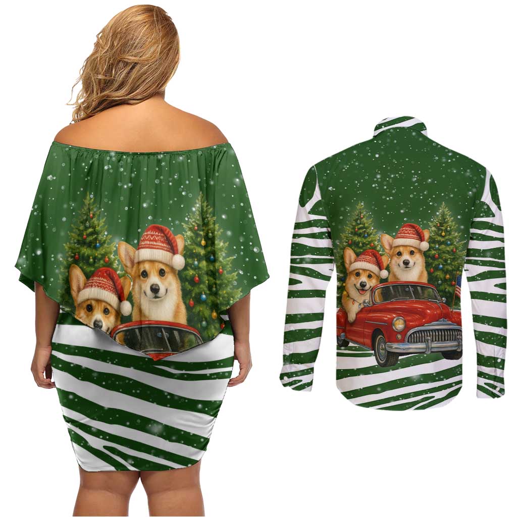 Pembroke Welsh Corgi Dog Xmas Christmas Couples Matching Off Shoulder Short Dress and Long Sleeve Button Shirt Xmas Holiday Patterns - Wonder Print Shop