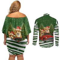 Pembroke Welsh Corgi Dog Xmas Christmas Couples Matching Off Shoulder Short Dress and Long Sleeve Button Shirt Xmas Holiday Patterns - Wonder Print Shop