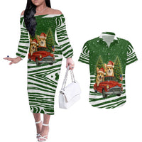 Pembroke Welsh Corgi Dog Xmas Christmas Couples Matching Off The Shoulder Long Sleeve Dress and Hawaiian Shirt Xmas Holiday Patterns - Wonder Print Shop