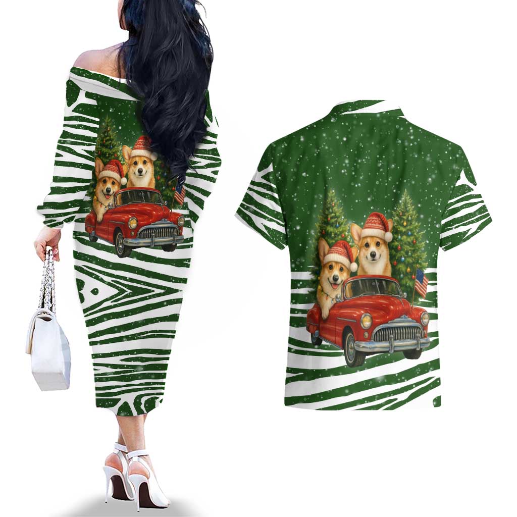 Pembroke Welsh Corgi Dog Xmas Christmas Couples Matching Off The Shoulder Long Sleeve Dress and Hawaiian Shirt Xmas Holiday Patterns - Wonder Print Shop