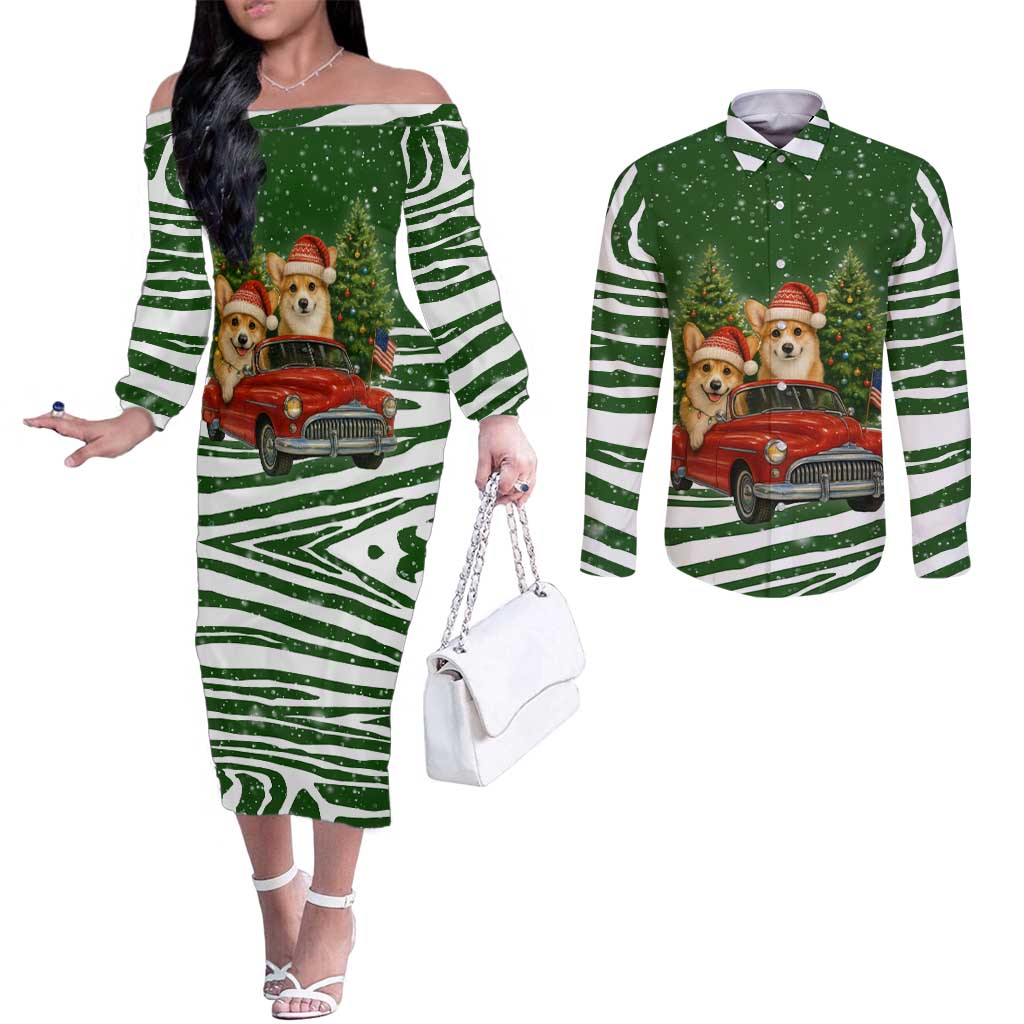 Pembroke Welsh Corgi Dog Xmas Christmas Couples Matching Off The Shoulder Long Sleeve Dress and Long Sleeve Button Shirt Xmas Holiday Patterns - Wonder Print Shop