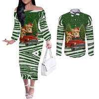 Pembroke Welsh Corgi Dog Xmas Christmas Couples Matching Off The Shoulder Long Sleeve Dress and Long Sleeve Button Shirt Xmas Holiday Patterns - Wonder Print Shop