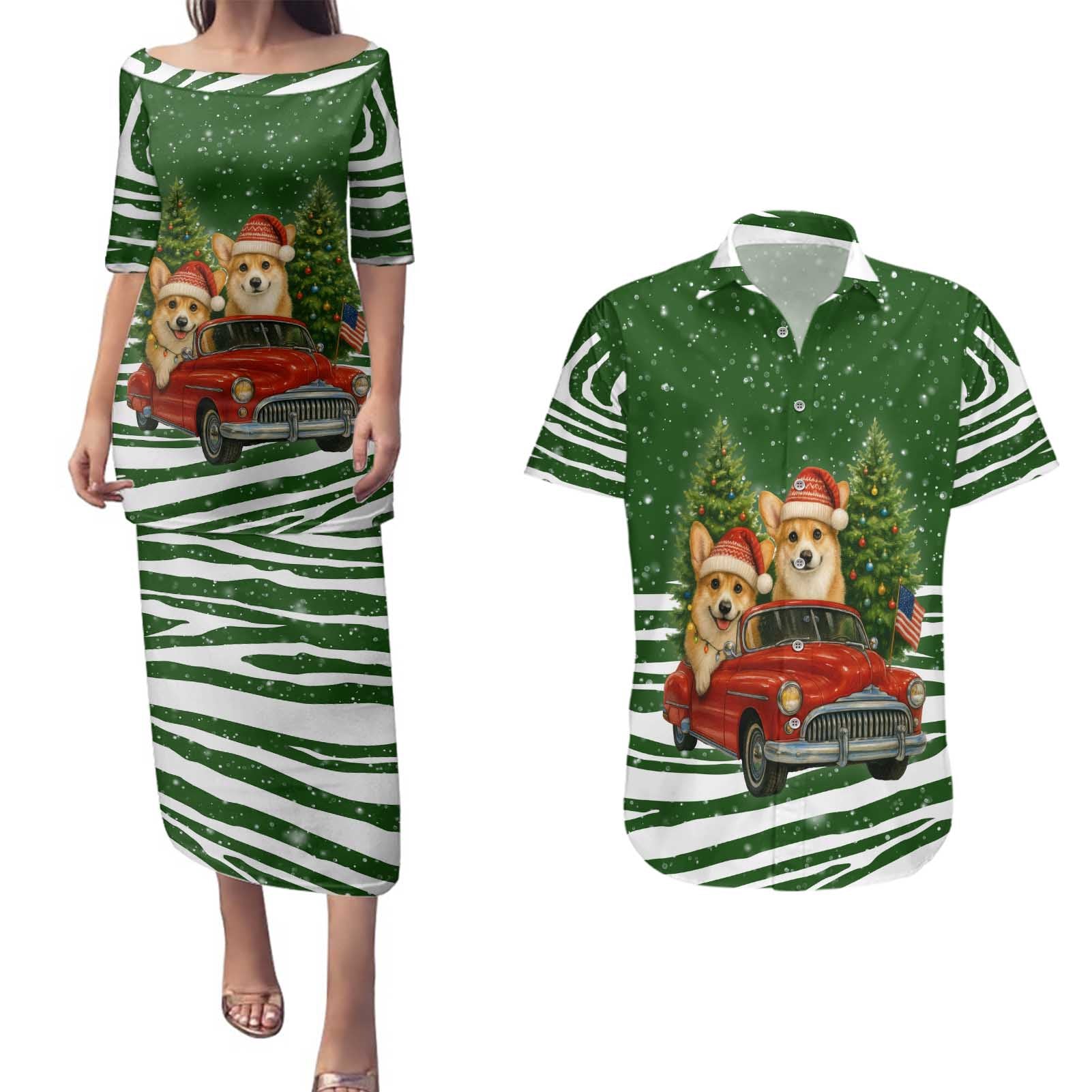 Pembroke Welsh Corgi Dog Xmas Christmas Couples Matching Puletasi and Hawaiian Shirt Xmas Holiday Patterns - Wonder Print Shop