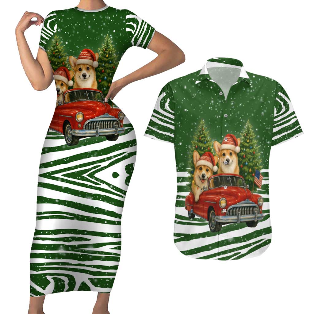 Pembroke Welsh Corgi Dog Xmas Christmas Couples Matching Short Sleeve Bodycon Dress and Hawaiian Shirt Xmas Holiday Patterns - Wonder Print Shop