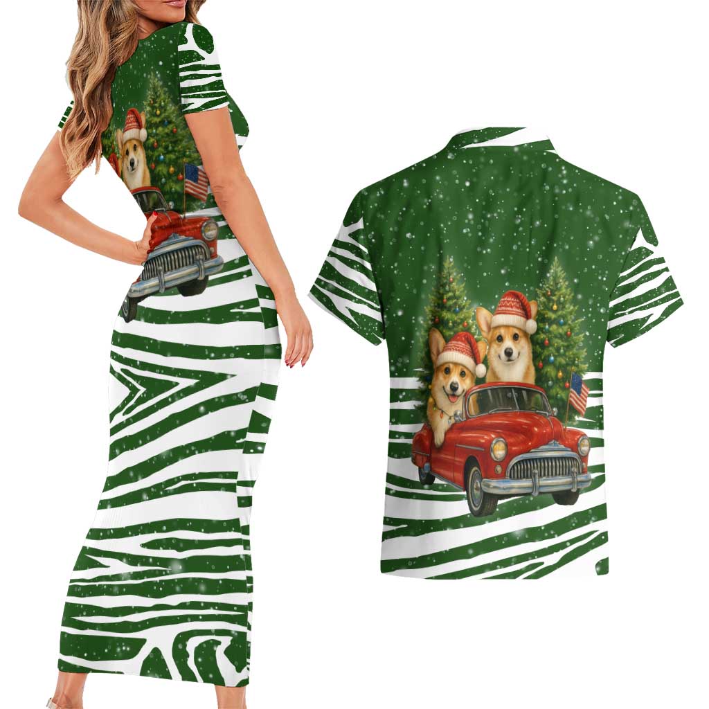 Pembroke Welsh Corgi Dog Xmas Christmas Couples Matching Short Sleeve Bodycon Dress and Hawaiian Shirt Xmas Holiday Patterns - Wonder Print Shop