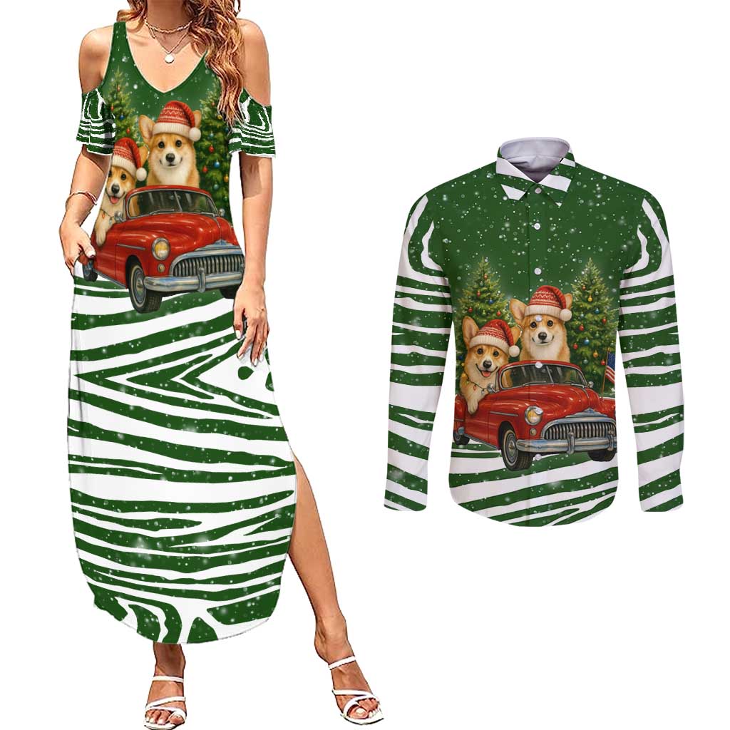 Pembroke Welsh Corgi Dog Xmas Christmas Couples Matching Summer Maxi Dress and Long Sleeve Button Shirt Xmas Holiday Patterns - Wonder Print Shop