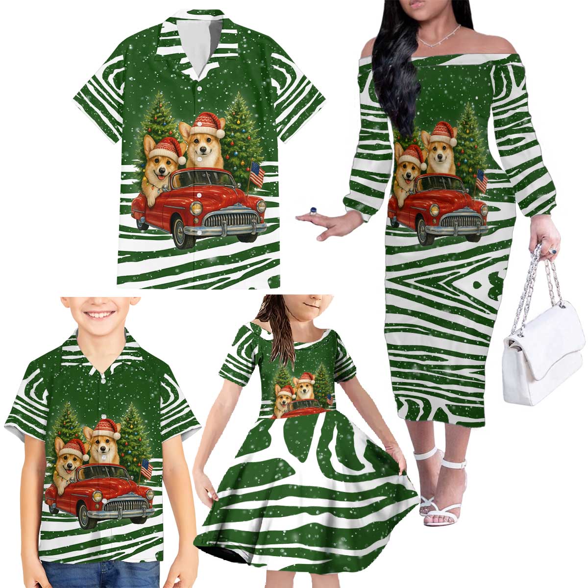 Pembroke Welsh Corgi Dog Xmas Christmas Family Matching Off The Shoulder Long Sleeve Dress and Hawaiian Shirt Xmas Holiday Patterns - Wonder Print Shop