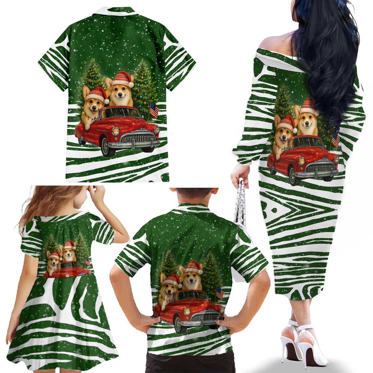 Pembroke Welsh Corgi Dog Xmas Christmas Family Matching Off The Shoulder Long Sleeve Dress and Hawaiian Shirt Xmas Holiday Patterns - Wonder Print Shop