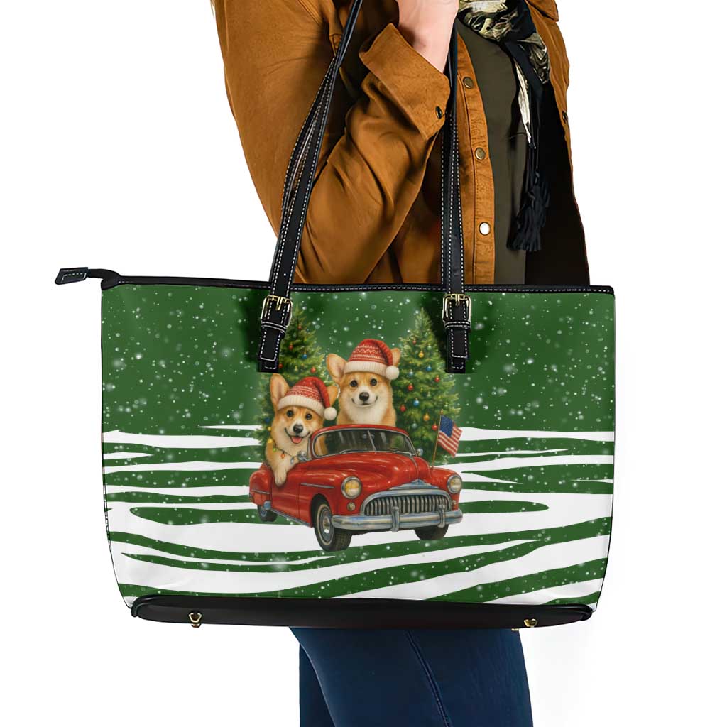 Pembroke Welsh Corgi Dog Xmas Christmas Leather Tote Bag Xmas Holiday Patterns - Wonder Print Shop