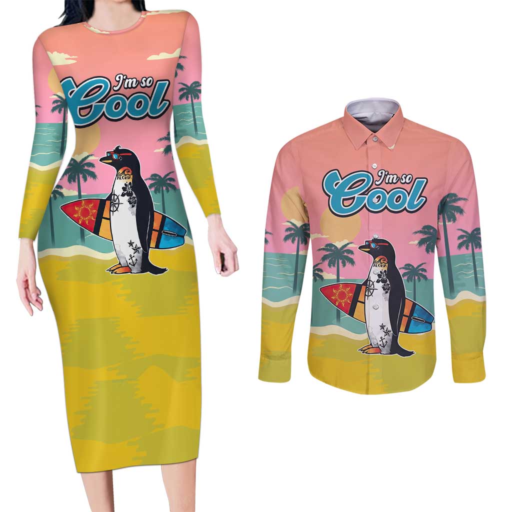 Penguin Im So Cool Christmas Couples Matching Long Sleeve Bodycon Dress and Long Sleeve Button Shirt Xmas Holiday Patterns - Wonder Print Shop