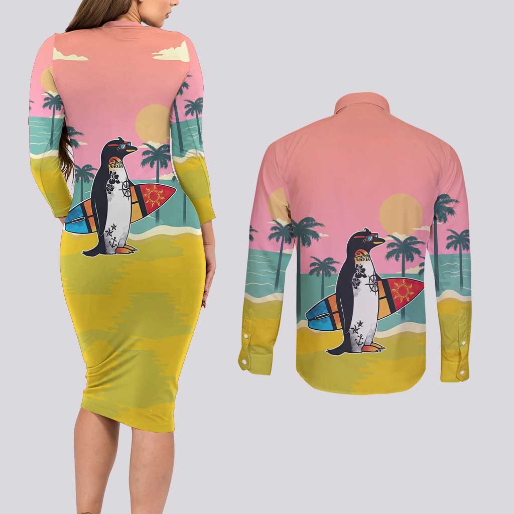 Penguin Im So Cool Christmas Couples Matching Long Sleeve Bodycon Dress and Long Sleeve Button Shirt Xmas Holiday Patterns - Wonder Print Shop