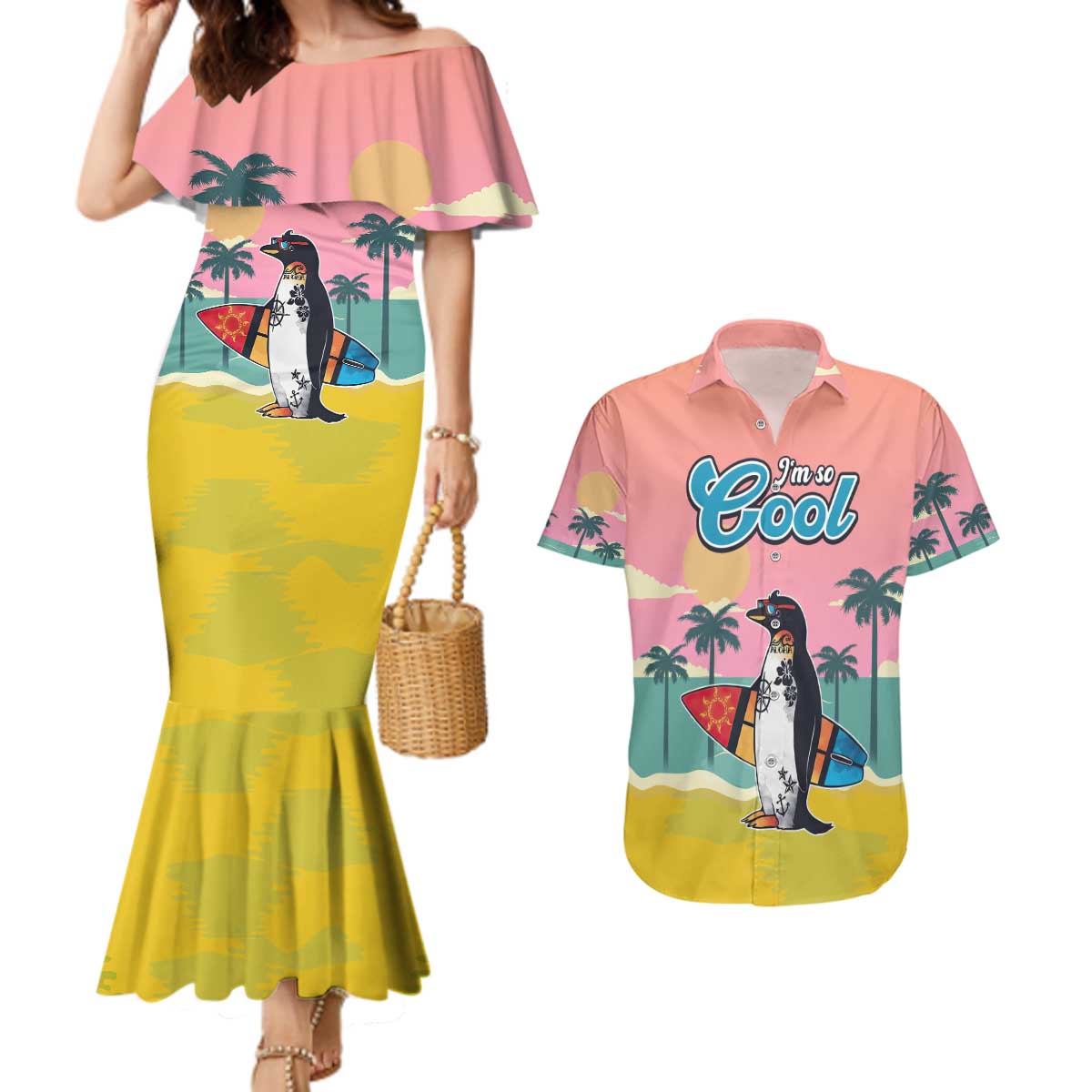 Penguin Im So Cool Christmas Couples Matching Mermaid Dress and Hawaiian Shirt Xmas Holiday Patterns - Wonder Print Shop