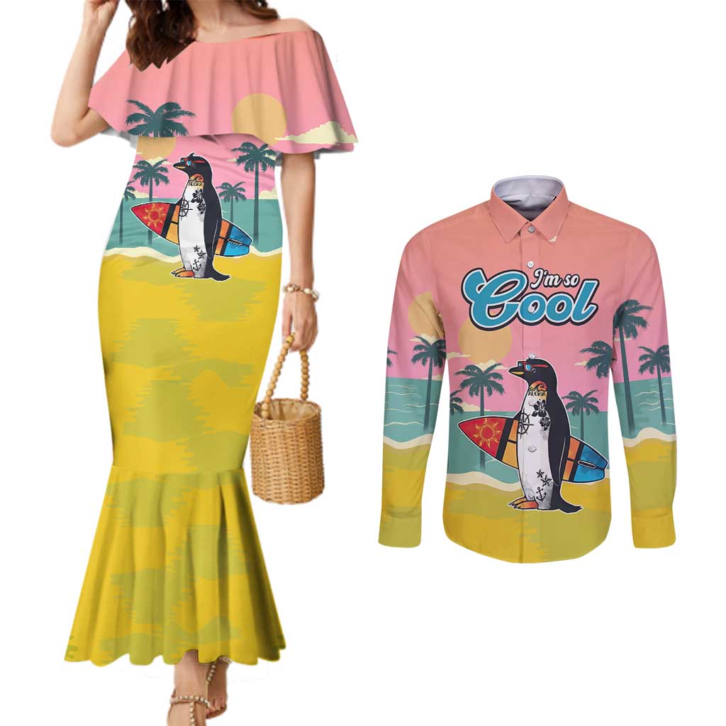Penguin Im So Cool Christmas Couples Matching Mermaid Dress and Long Sleeve Button Shirt Xmas Holiday Patterns - Wonder Print Shop