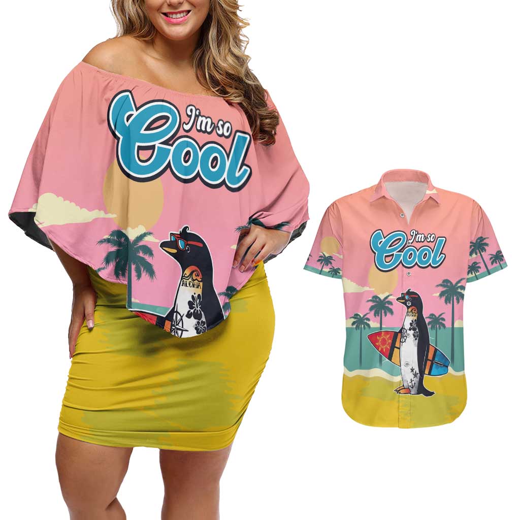 Penguin Im So Cool Christmas Couples Matching Off Shoulder Short Dress and Hawaiian Shirt Xmas Holiday Patterns - Wonder Print Shop