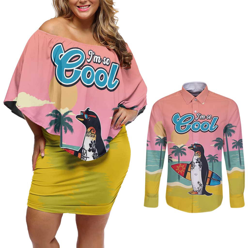 Penguin Im So Cool Christmas Couples Matching Off Shoulder Short Dress and Long Sleeve Button Shirt Xmas Holiday Patterns - Wonder Print Shop