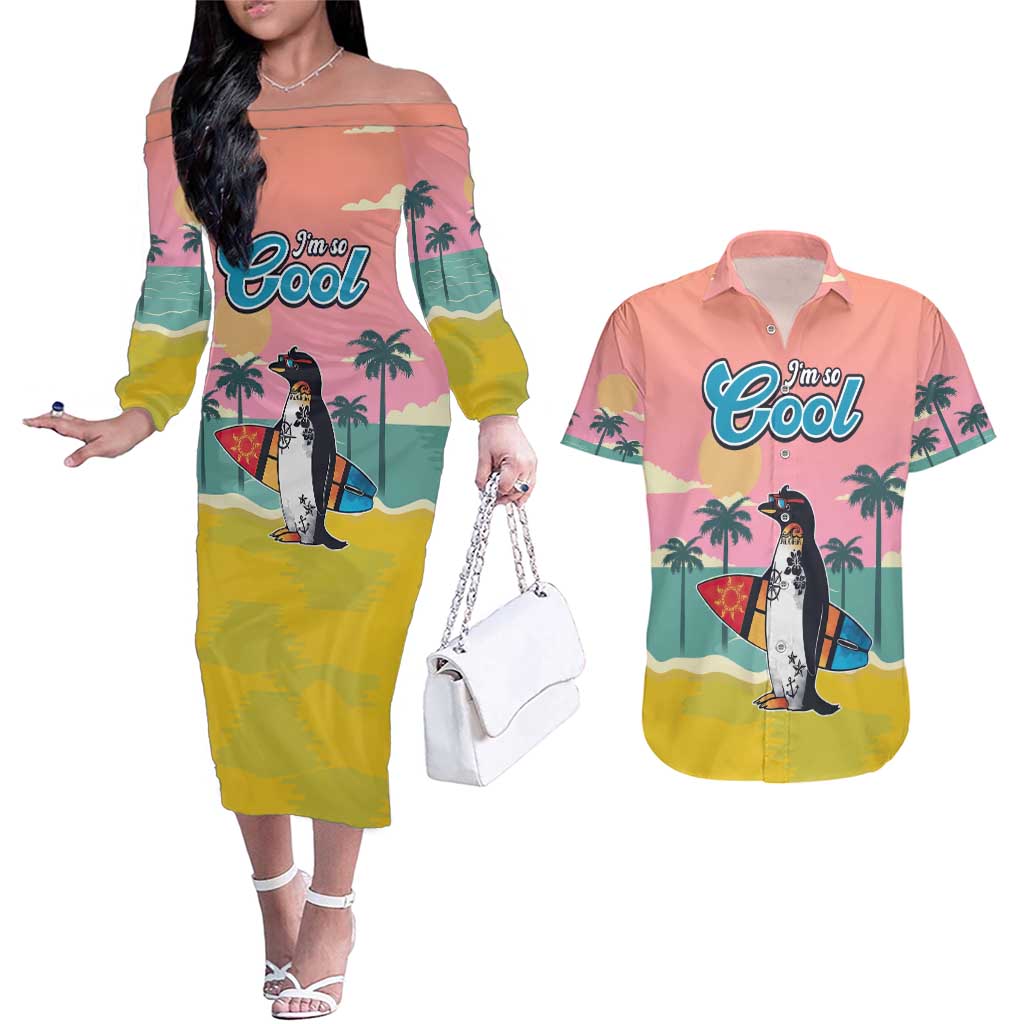 Penguin Im So Cool Christmas Couples Matching Off The Shoulder Long Sleeve Dress and Hawaiian Shirt Xmas Holiday Patterns - Wonder Print Shop