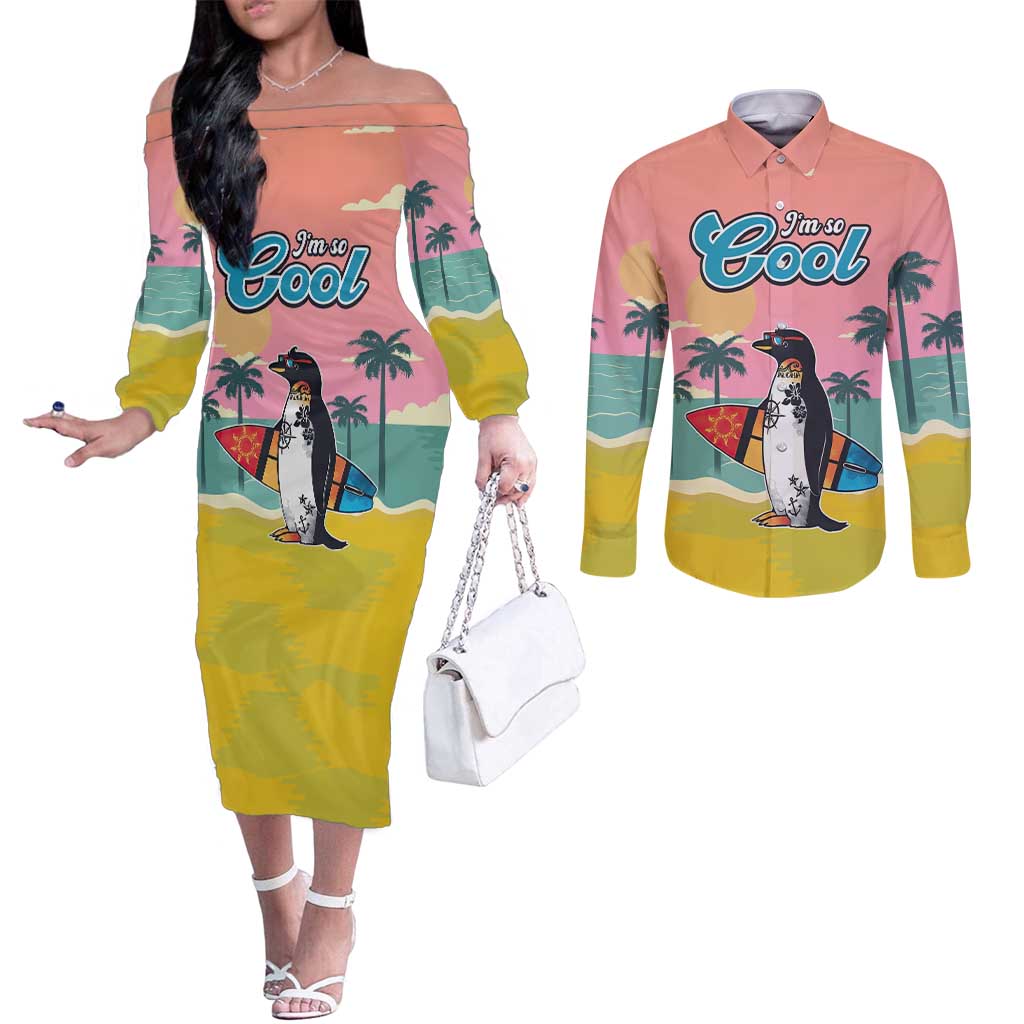 Penguin Im So Cool Christmas Couples Matching Off The Shoulder Long Sleeve Dress and Long Sleeve Button Shirt Xmas Holiday Patterns - Wonder Print Shop