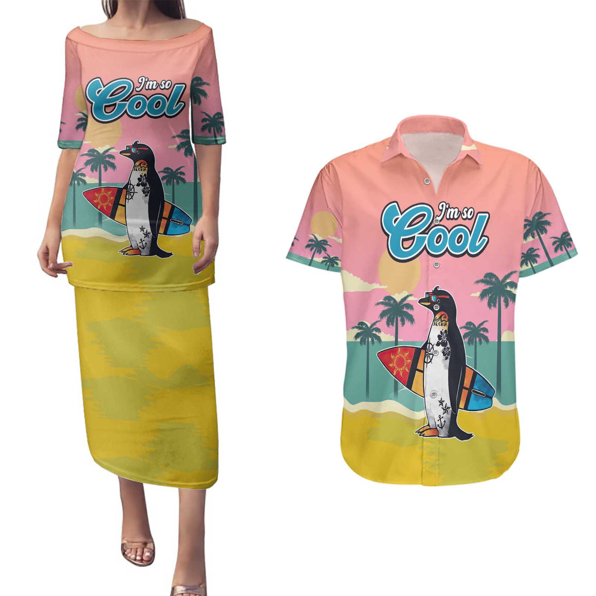 Penguin Im So Cool Christmas Couples Matching Puletasi and Hawaiian Shirt Xmas Holiday Patterns - Wonder Print Shop