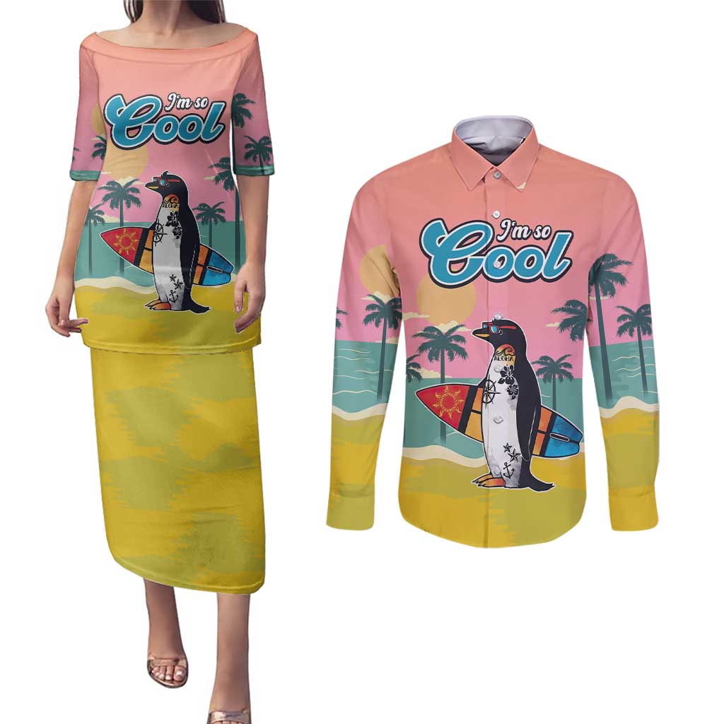 Penguin Im So Cool Christmas Couples Matching Puletasi and Long Sleeve Button Shirt Xmas Holiday Patterns - Wonder Print Shop