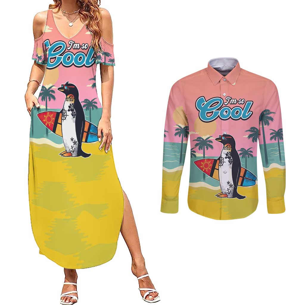Penguin Im So Cool Christmas Couples Matching Summer Maxi Dress and Long Sleeve Button Shirt Xmas Holiday Patterns - Wonder Print Shop
