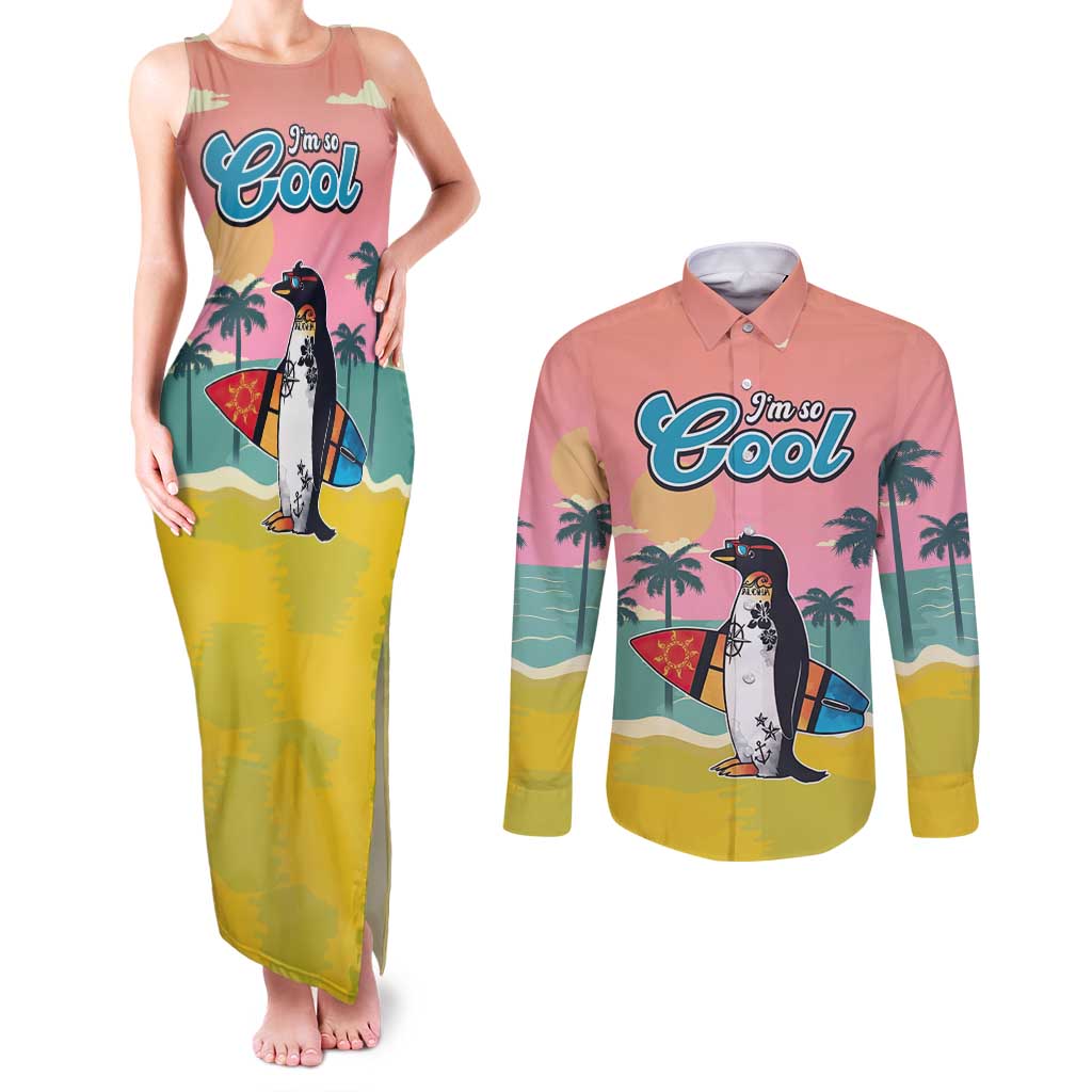 Penguin Im So Cool Christmas Couples Matching Tank Maxi Dress and Long Sleeve Button Shirt Xmas Holiday Patterns - Wonder Print Shop