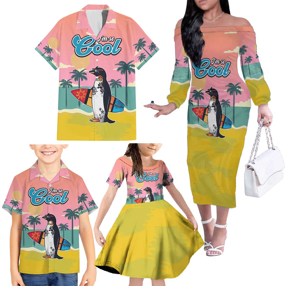 Penguin Im So Cool Christmas Family Matching Off The Shoulder Long Sleeve Dress and Hawaiian Shirt Xmas Holiday Patterns - Wonder Print Shop