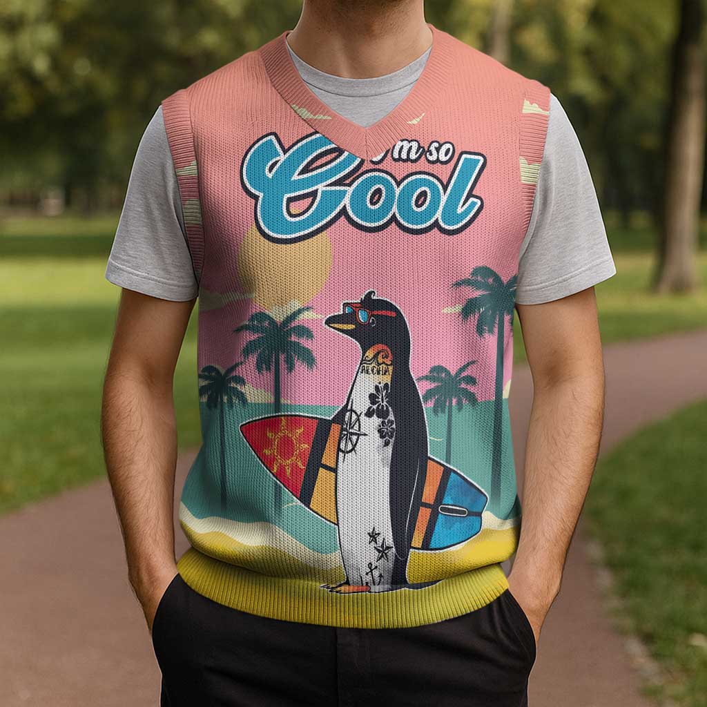Penguin Im So Cool Christmas Knitted V-Neck Vest Xmas Holiday Patterns - Wonder Print Shop