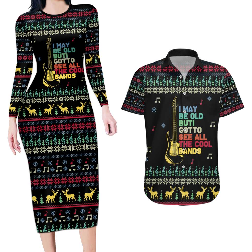 Christmas Vintage Guitar Couples Matching Long Sleeve Bodycon Dress and Hawaiian Shirt Xmas Holiday Patterns - Wonder Print Shop