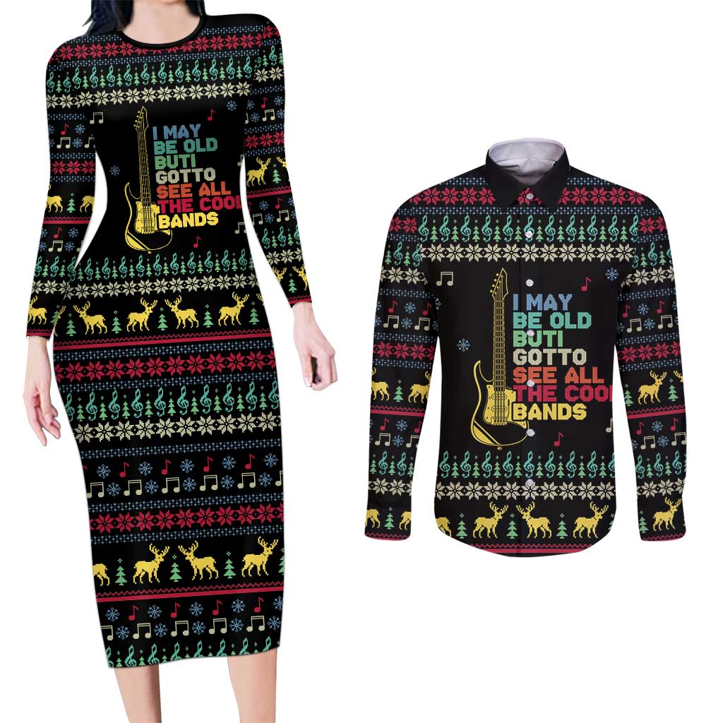 Christmas Vintage Guitar Couples Matching Long Sleeve Bodycon Dress and Long Sleeve Button Shirt Xmas Holiday Patterns - Wonder Print Shop